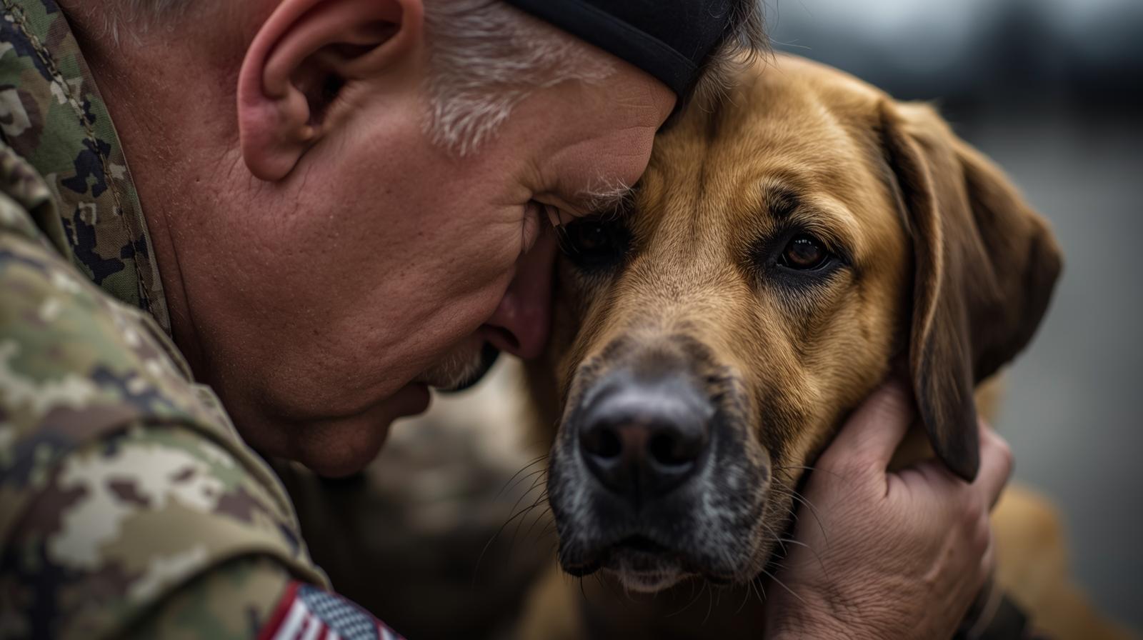 Service Dogs for PTSD Recovery_ How Trained Dogs Help Veterans and First Responders Heal service dog providing PTSD recovery support to a veteran during grounding training